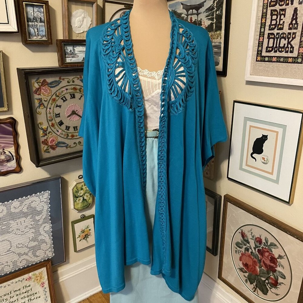 NWT Cozy Chico's Womens Teal Knitted Ruana Shawl Wrap with Braided Trim OSFM
